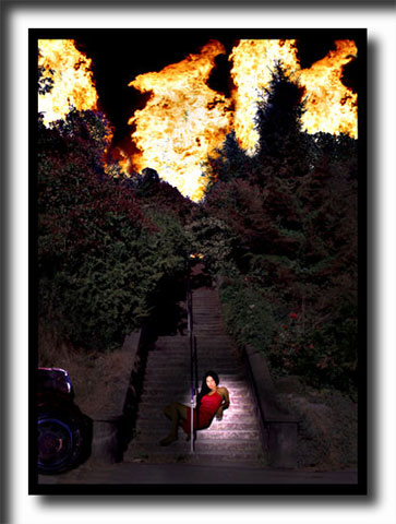 Stairs on Fire, digital painting, surreal painting, fantasy art, nudes, painting, illusion