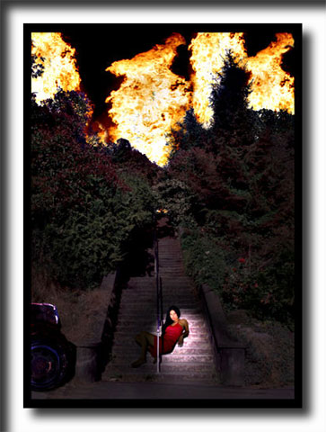 Stairs on fire, digital painting, surreal painting, fantasy art, nudes, painting, illusion